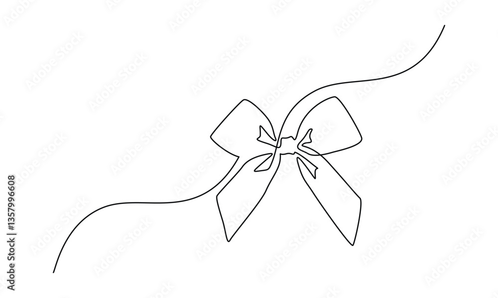 Poster gift ribbon bow in one continuous line drawing. christmas and birthday present wrap in simple linear