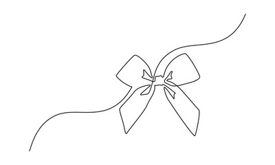 Gift ribbon bow in one continuous line drawing. Christmas and birthday present wrap in simple linear style. Concept of holiday and celebration in editable stroke. Doodle contour vector illustration