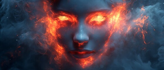 Fototapeta premium A womans face surrounded by fiery flames and mystical smoke