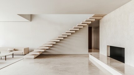 Luxury home minimalist and exclusive, A modern interior featuring a minimalist staircase, light-colored walls, and a simple seating area, emphasizing sleek design and spaciousness.