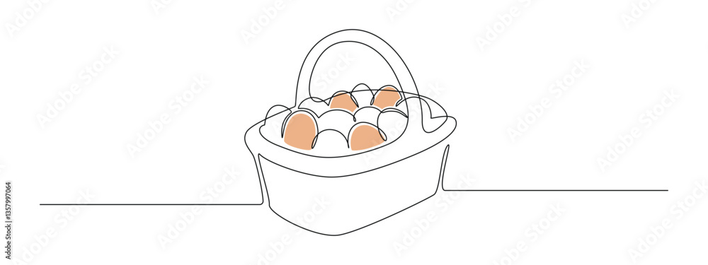 Poster Basket with Easter eggs in one continuous line drawing. Greeting banner design in simple linear style. Editable stroke. Doodle vector illustration