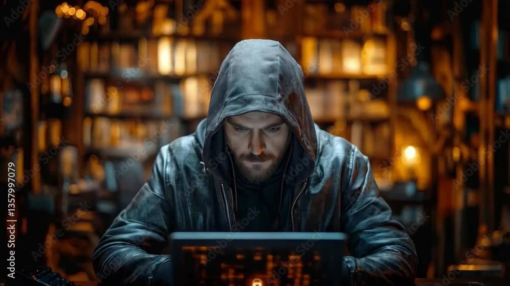 Aufkleber A cybersecurity analyst focused on a laptop displays various data breach alerts. The workspace is cluttered with books and tech, creating a moody atmosphere.