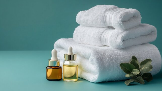 Fresh hand towels arranged near aromatic oils spa themed visuals isolated on a teal background