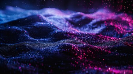 Futuristic Digital Landscape: Cyberpunk Data Stream, Abstract Tech Background, Neon Particles, Glitch Effect