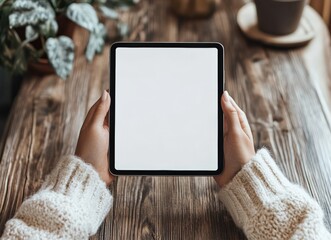 Woman holding tablet with blank screen at wooden table