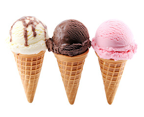 Three ice cream cones, one with vanilla and chocolate, the other pink in color, on a white background