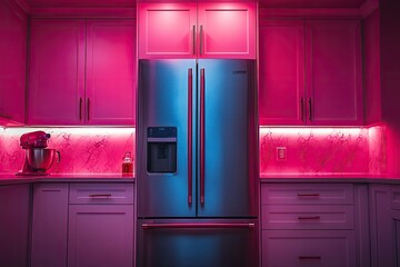 Fototapeta premium Modern kitchen with pink cabinets and a stainless steel refrigerator. Perfect for blogs about home design, appliances, or vibrant kitchens.
