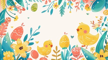 Naklejka premium Springtime Joy: Illustrated Chicks and Floral Border Design for Cards and Posters