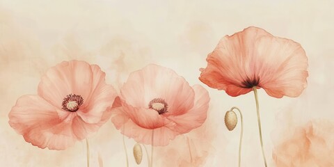 Poppy Serenity: Delicate poppy flowers, in shades of soft coral and blush, bloom gracefully against a muted backdrop, evoking a sense of tranquility and gentle beauty.