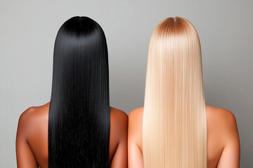 Naklejka premium Rear View of Two Women with Long Straight Black and Blonde Hair