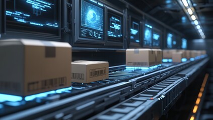 Automated Package Conveyor System with Futuristic Digital Interface