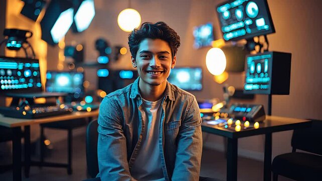 Smiling young man in modern control room with professional lighting, monitors, and video production equipment

