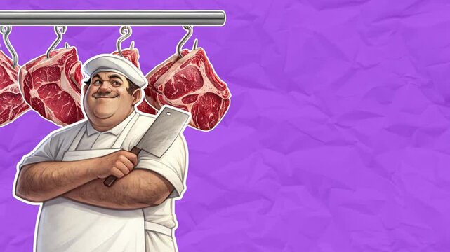 Butcher stands with a cleaver in his hand, with meat cuts hanging behind him. Butcher shop concept. Empty space for text. Stop motion animation on violet paper background