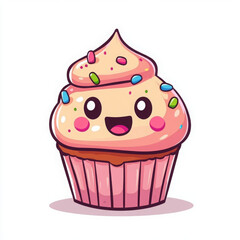 cheerful cupcake with frosting and sprinkles looks cute and happy