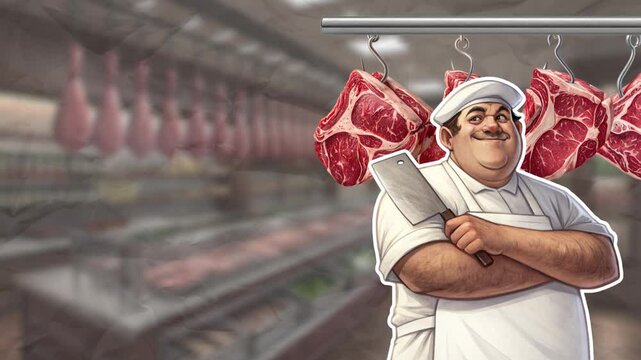 Butcher stands with a cleaver in his hand, with meat cuts hanging behind him. Butcher shop concept. Empty space for text. Smooth animation on color paper background
