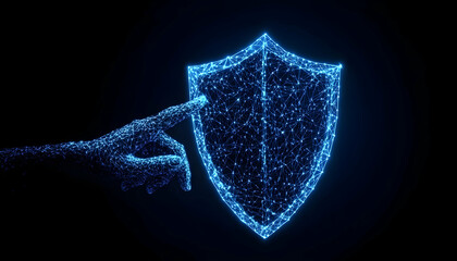 Glowing digital shield and hand, symbolizing cybersecurity protection