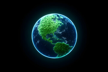 Glowing Earth, lush green continents, dark background