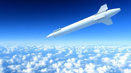 Fototapeta premium A white missile is ascending through the beautiful blue sky above