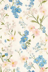 Delicate Floral Pattern: An intricate floral design featuring dainty pink and blue blossoms, blooming gracefully on delicate stems. This intricate pattern exudes charm and elegance.
