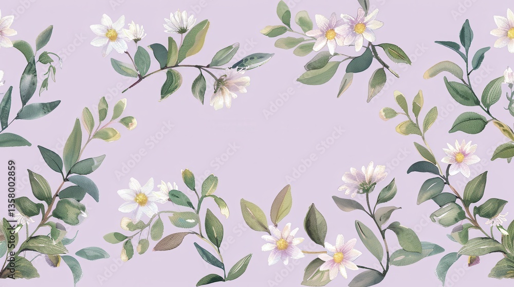 Poster subtle easter floral pattern border with tiny daisies on soft lavender background for prints