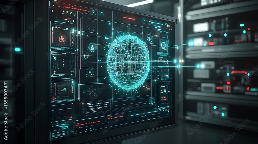 Poster a futuristic screen displaying complex data in a server room