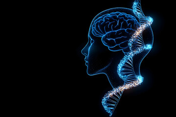 Glowing human head profile with DNA strand
