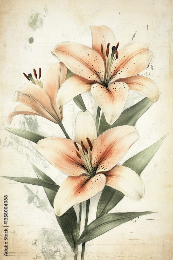 Poster lush lily bouquet: a captivating artistic view of a trio of vibrant lilies in full bloom, their peta