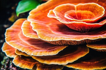 Vibrant orange shelf mushrooms layered in nature