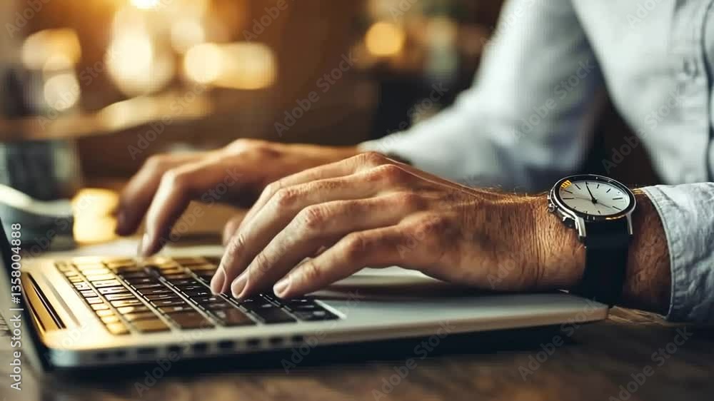 Poster hands typing on a laptop while searching online in a cozy setting generative ai