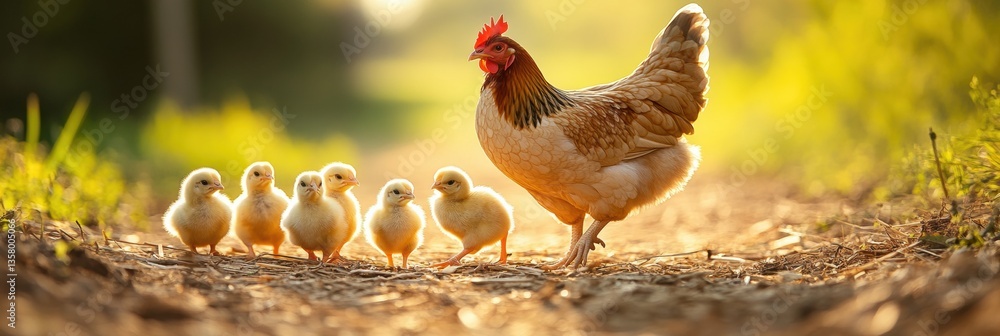 Poster mother hen walks with her chicks on soft straw-covered ground in warm natural tones with a blurred b