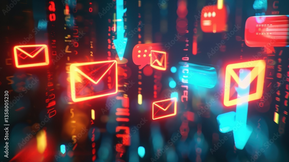 Poster 3d rendered contact icons with speech bubble and email envelope on abstract high-tech background