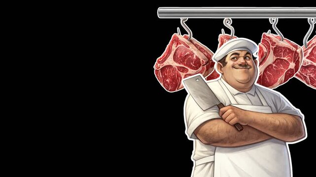Butcher stands with a cleaver in his hand, with meat cuts hanging behind him. Butcher shop concept. Empty space for text. Smooth animation on transparent background