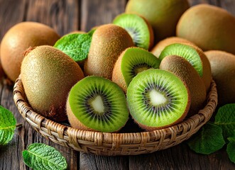 Fresh kiwi fruits and slices displayed on rustic wooden table