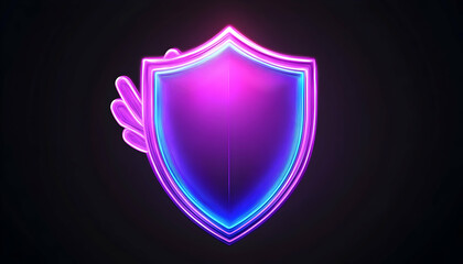Glowing neon shield with protective wings, dark background