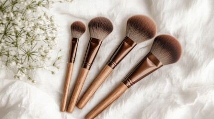 Wooden handled makeup brushes on white fabric