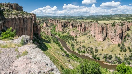 Scenic River Valley Canyon Landscape Under Blue Sky