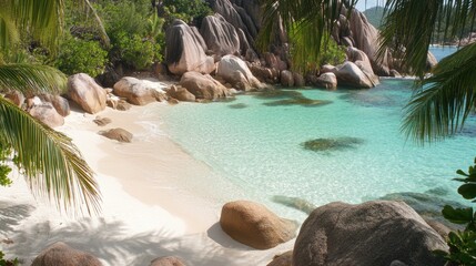 Serene tropical beach with granite boulders and palm trees