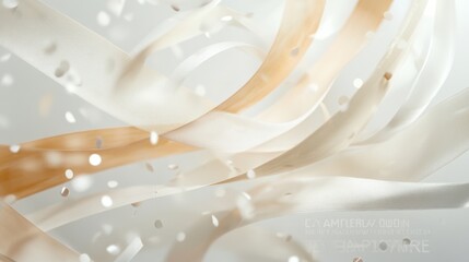 Abstract ribbons and confetti create a festive, dynamic visual effect.