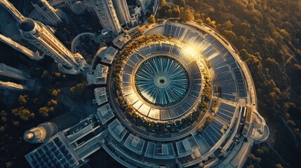 Aerial View of Futuristic City with Circular Solar Panels