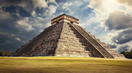 Ancient pyramid structure under dramatic skies  