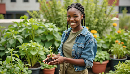 Portrait headshot photo of diverse friendly people: A smiling woman stands in a rooftop garden holding a small plant, surrounded by lush greenery and vibrant flowers.