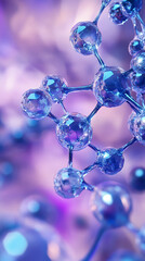 Close-up of a molecule model, blue spheres connected by rods, on a purple and blue background.  Illustrative of science, technology, or research concepts.