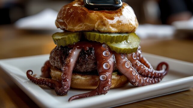 Culinary masterpiece showcases gourmet octopus burger topped with pickles in a smartphone-shaped bun served steaming hot in an upscale restaurant