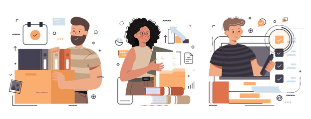 Office workers organizing data storage and file archive on server or computer. PC users searching documents on database. Vector illustration set for information technology, source concept