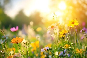 Fototapeta premium Grand rebirth of nature in a spring plain covered with fragile blossoms of flora rising of wildlife from slumber and refreshing feel of rejuvenation and energy that emerges 