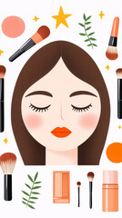 Makeup Artistry Woman with Brown Hair and Orange Makeup Palette Brushes Cosmetics