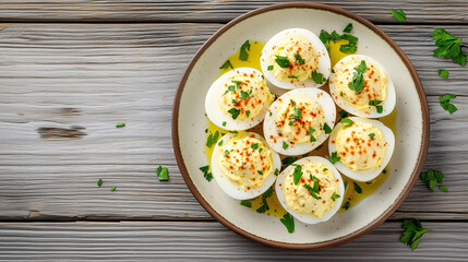 Delicious Deviled Eggs Garnish with Parsley and Paprika on Wooden Table