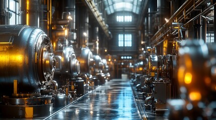 Industrial machinery hall, gleaming metal, deep shadows