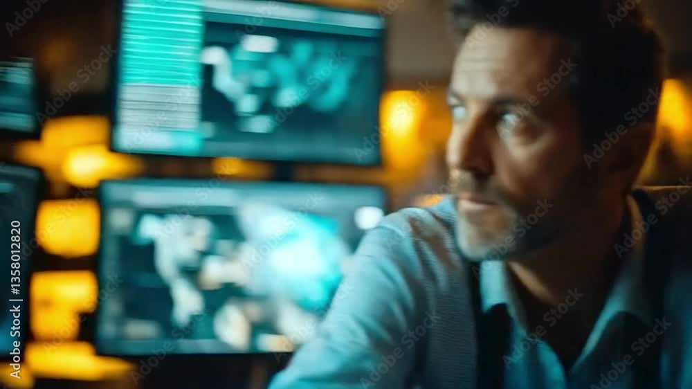 Aufkleber A cybersecurity professional is intensely focused while monitoring multiple screens displaying critical data.