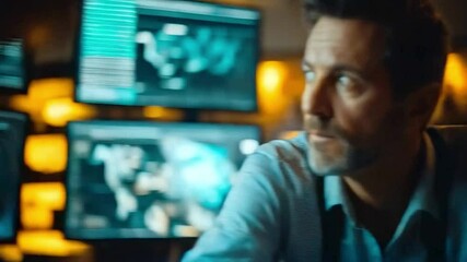 A cybersecurity professional is intensely focused while monitoring multiple screens displaying critical data.
